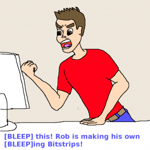 A Bitstrip-style single-frame image created by Rob Farquhar.